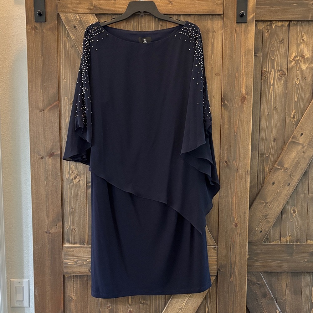 Xscape Navy Asymmetrical Dress with Embellished Shoulders